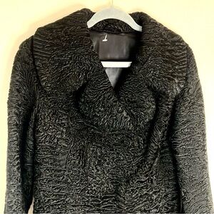 Women's Black Textured Faux Fur Coat with Shawl Collar
